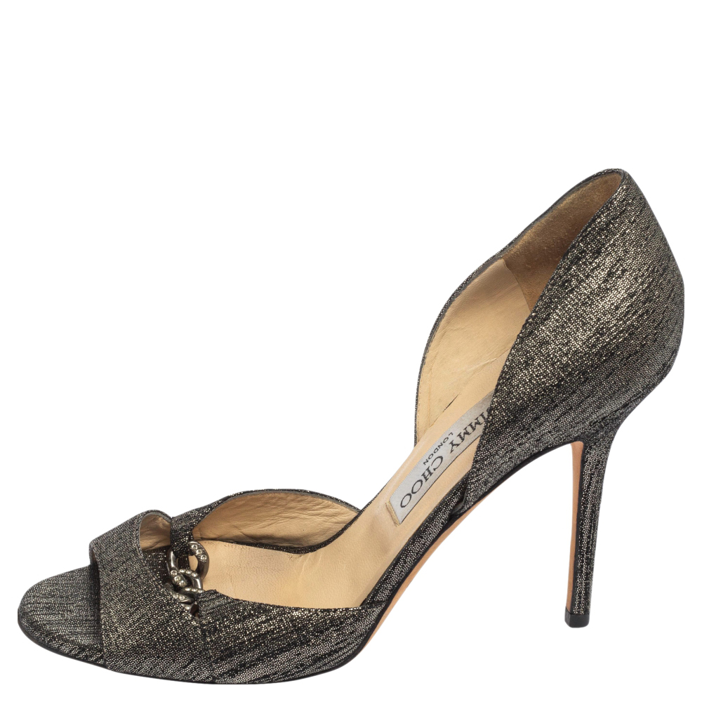 

Jimmy Choo Silver/Black Fabric Crystal Embellished Chain Link D'orsay Pumps Size, Metallic