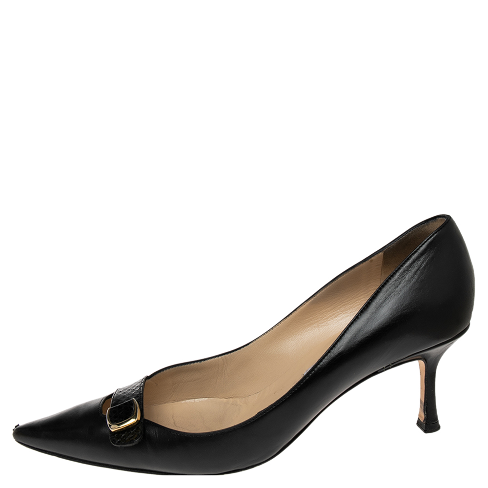

Jimmy Choo Black Leather and Snakeskin Pointed Toe Pumps Size