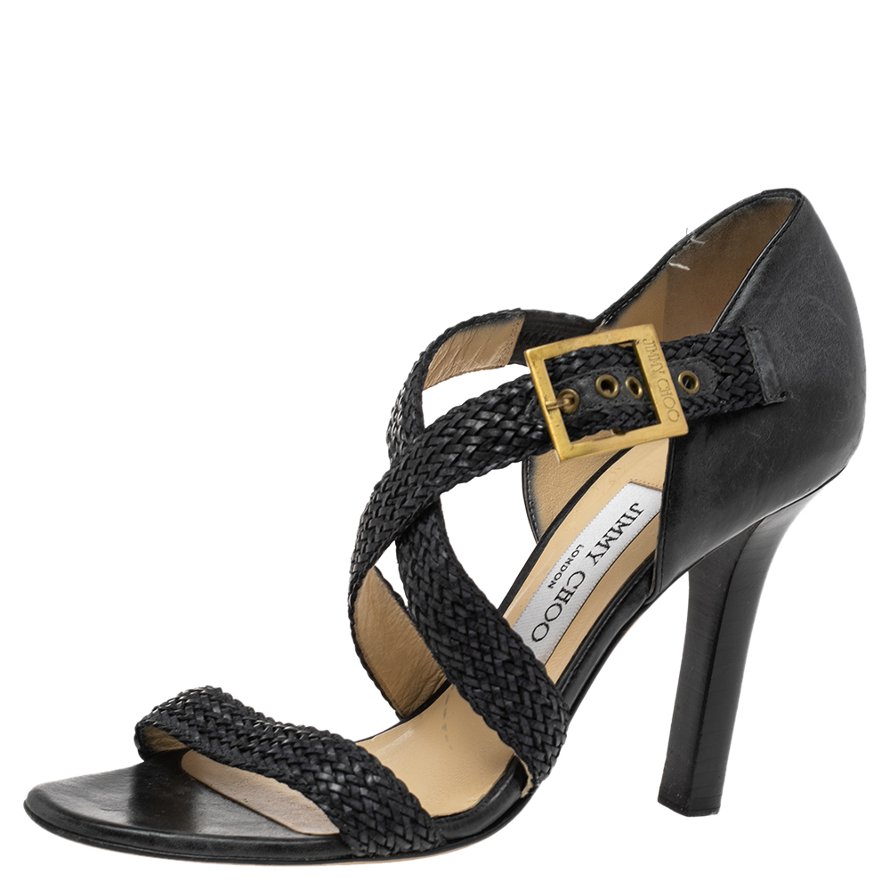 

Jimmy Choo Black Leather Strappy Ankle Strap Sandals Size