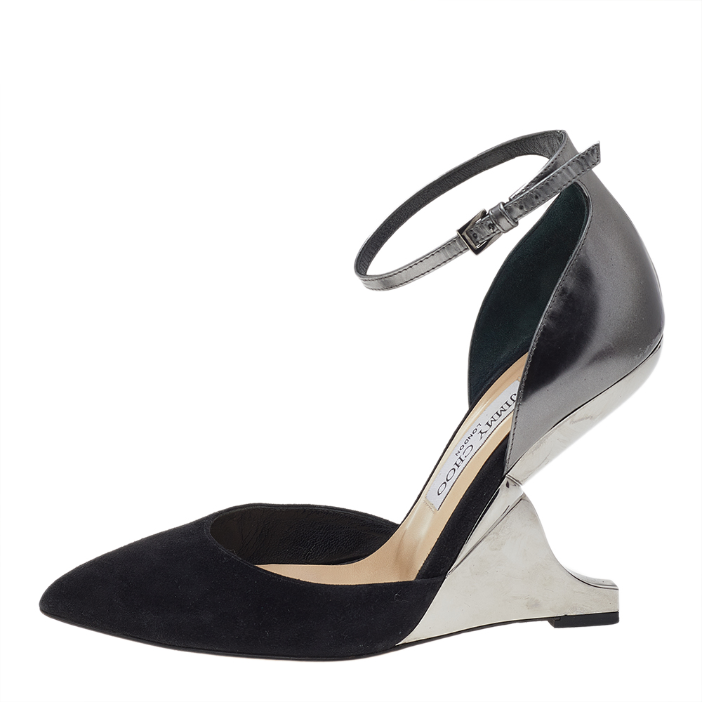 

Jimmy Choo Black/Silver Suede And Leather Kade Wedge Ankle Strap Pumps Size