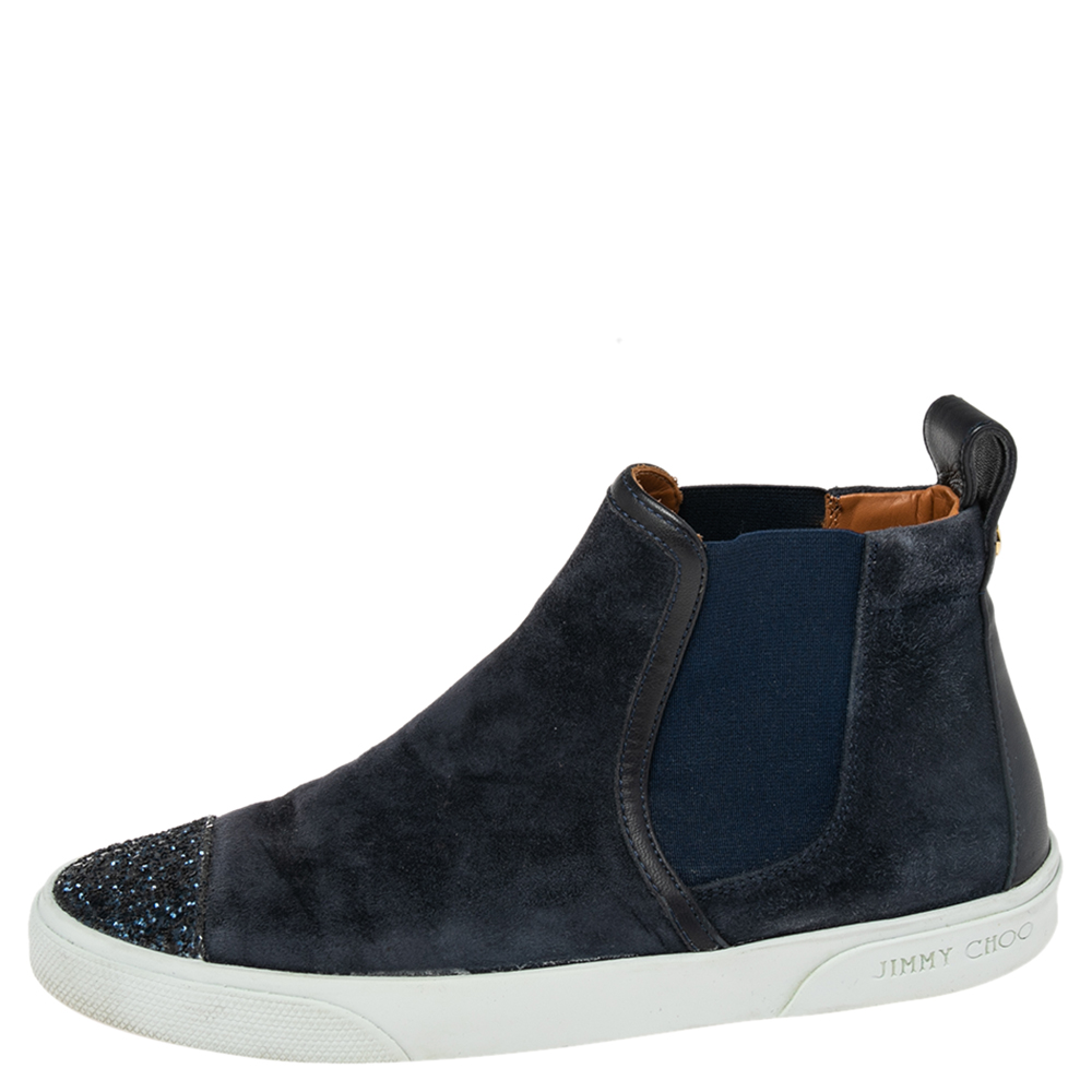 

Jimmy Choo Navy Blue Suede And Glitter High Top Sneakers Size