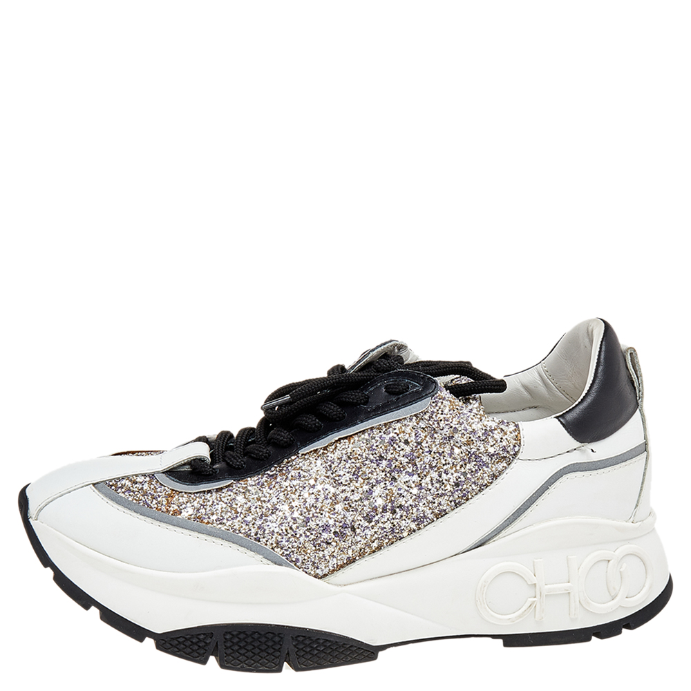 

Jimmy Choo White/Silver Leather And Glitter Raine Low Top Sneakers Size