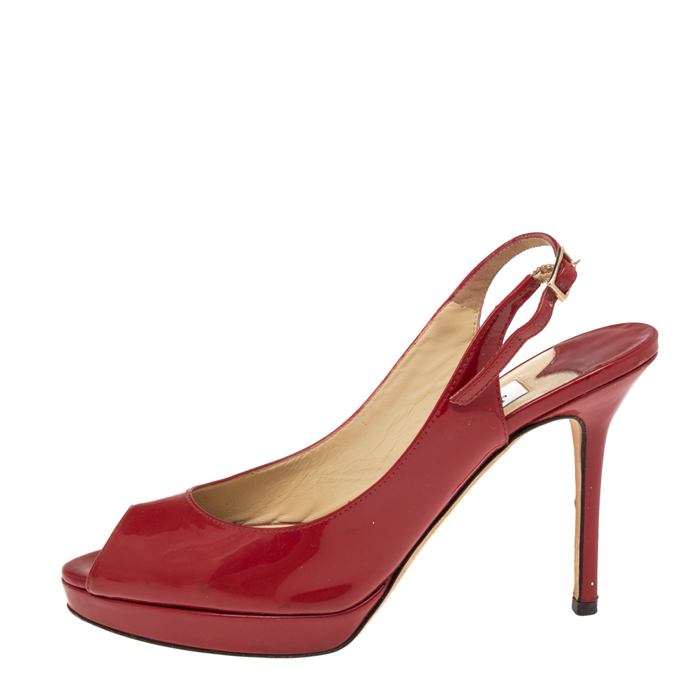 

Jimmy Choo Red Patent Leather Nova Peep Toe Slingback Sandals Size