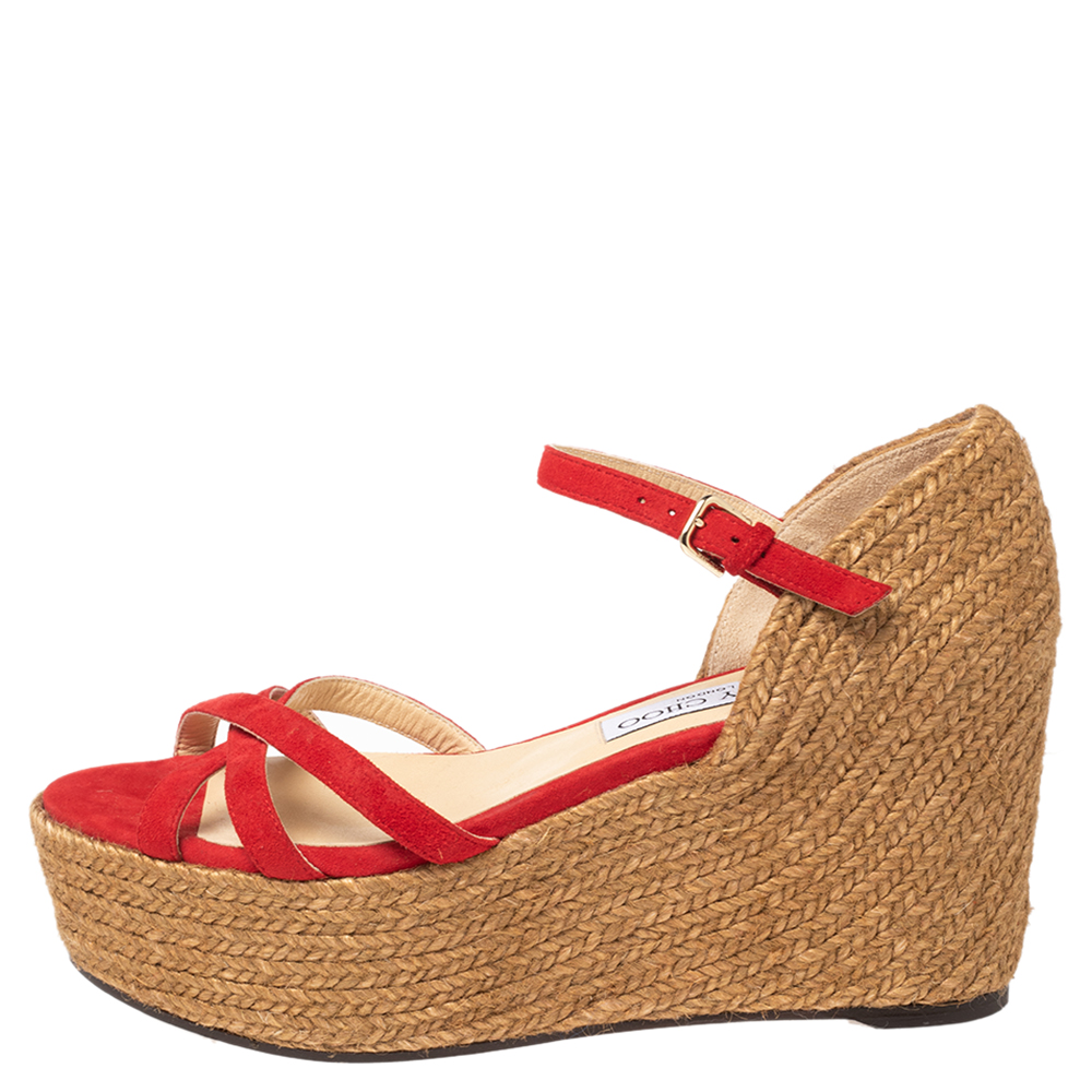 

Jimmy Choo Red Suede Strappy Espadrille Wedge Sandals Size