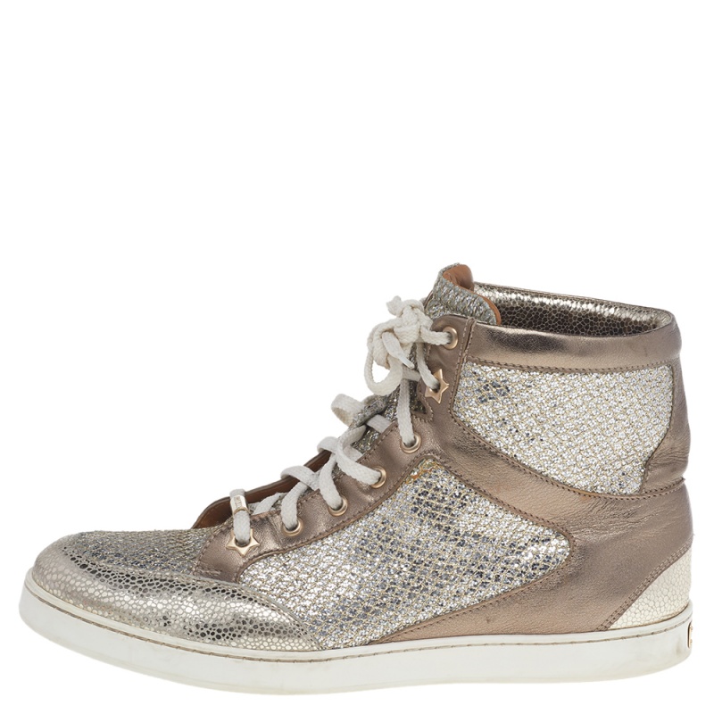 

Jimmy Choo Metallic Gold Leather And Glitter Miami High Top Sneakers Size