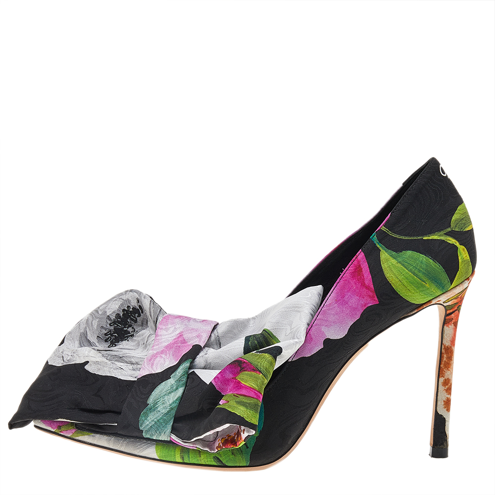 

Jimmy Choo Multicolor Flower Printed Satin Mary Bow Pointed Toe Pumps Size