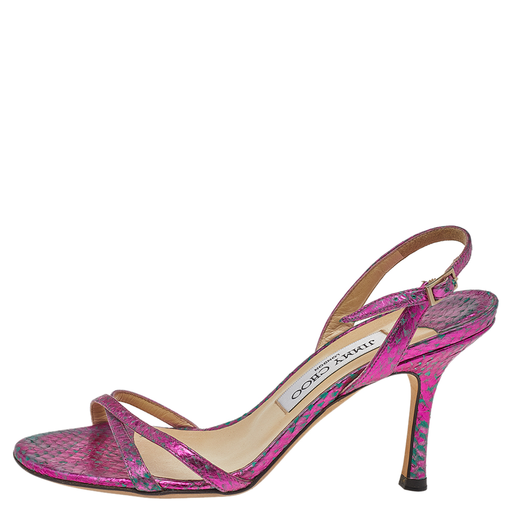 

Jimmy Choo Metallic Pink Python Embossed Leather Ankle Strap Sandals Size