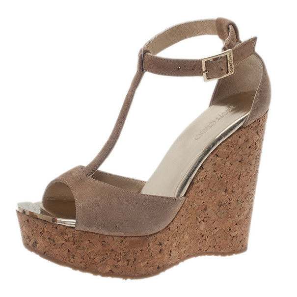 Pre Owned Jimmy Choo Beige Suede Pela Cork Wedge Sandals Size 37