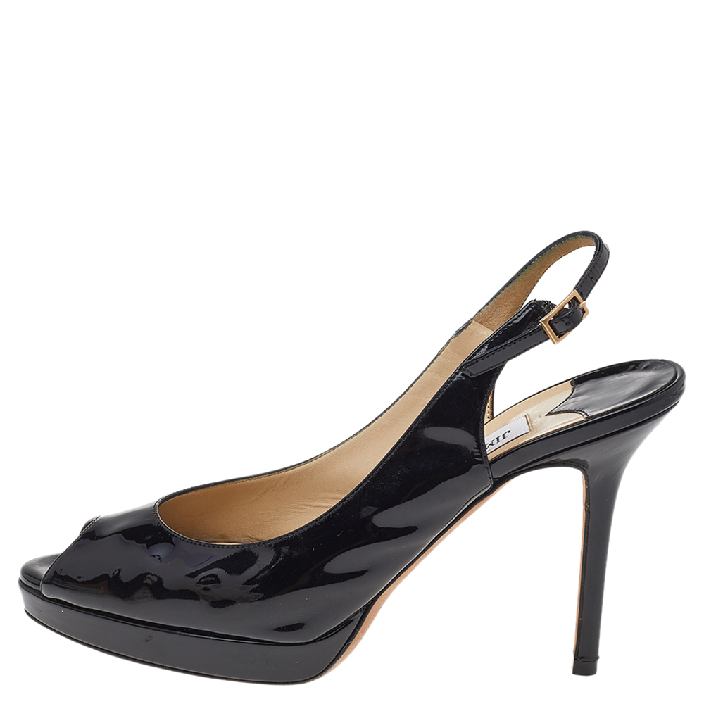 

Jimmy Choo Black Patent Leather Peep Toe Ankle Strap Sandals Size