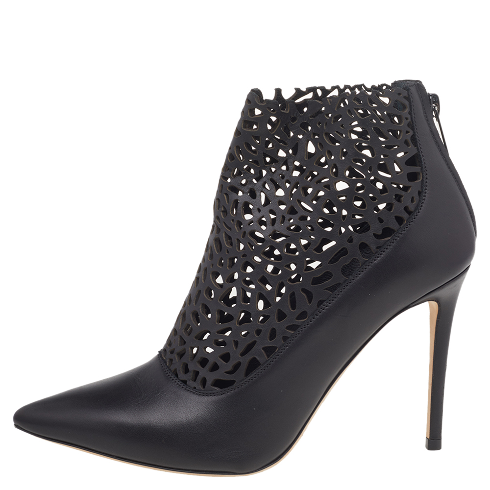 

Jimmy Choo Black Laser Cut Leather Maurice 100 Booties Size