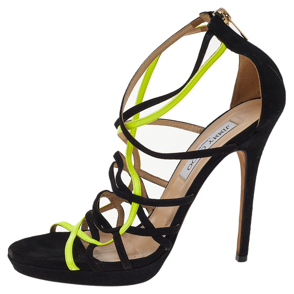 

Jimmy Choo Black/Yellow Suede And Patent Leather Myth Strappy Sandals Size