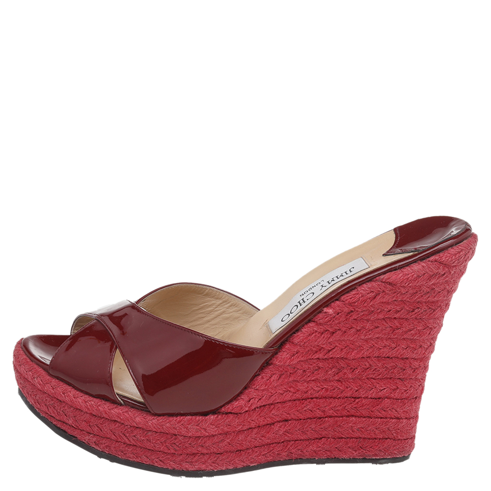 

Jimmy Choo Red Patent Leather Phyllis Wedge Platform Espadrille Sandals Size