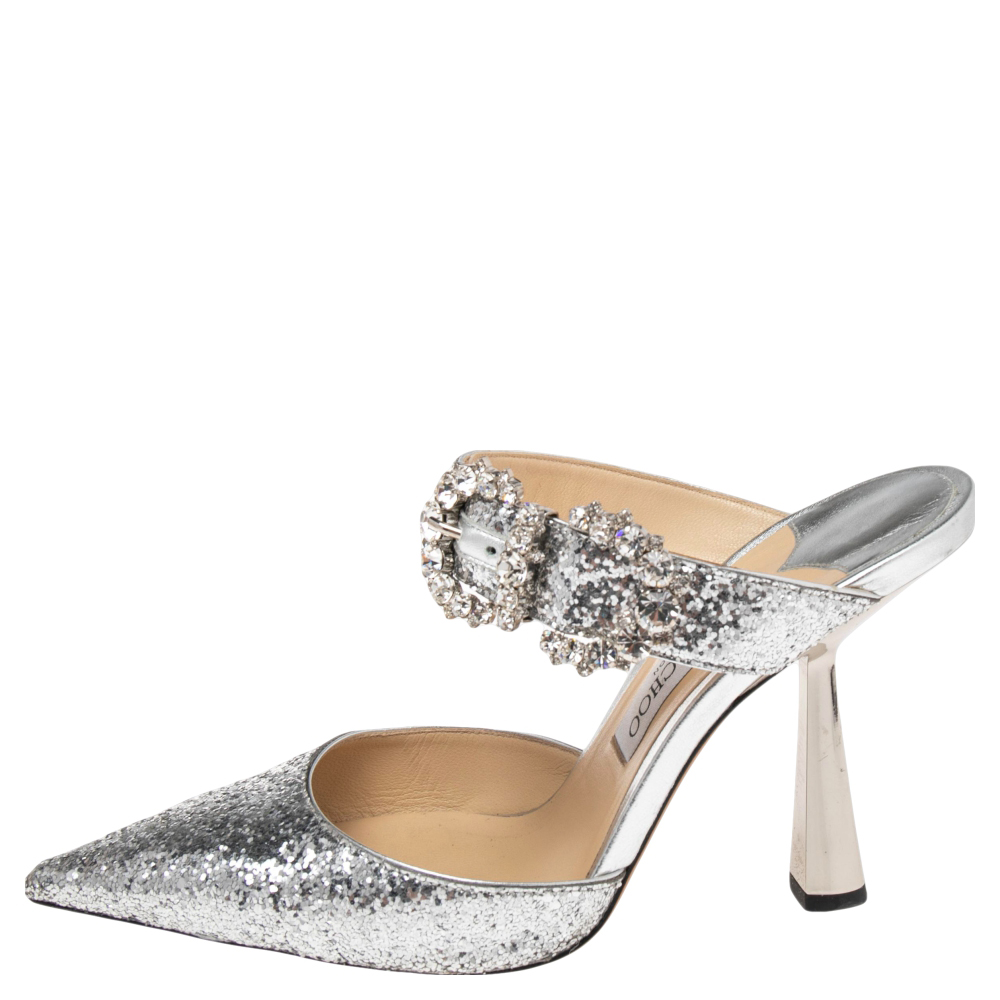 

Jimmy Choo Silver Glitter Crystal Embellished Smokey Sandals Size