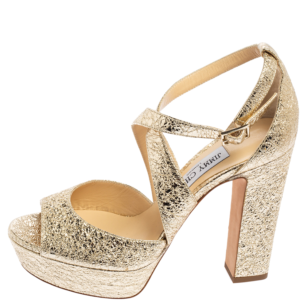 

Jimmy Choo Gold Leather Emily Criss Cross Ankle Strap Sandals Size
