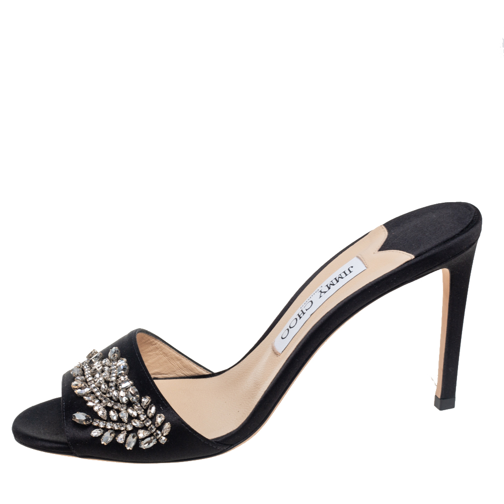 

Jimmy Choo Black Satin Crystal Embellished Slide Sandals Size