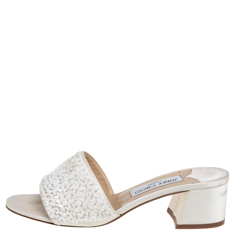 

Jimmy Choo White Satin Sequin Embellished Minea Slide Sandals Size