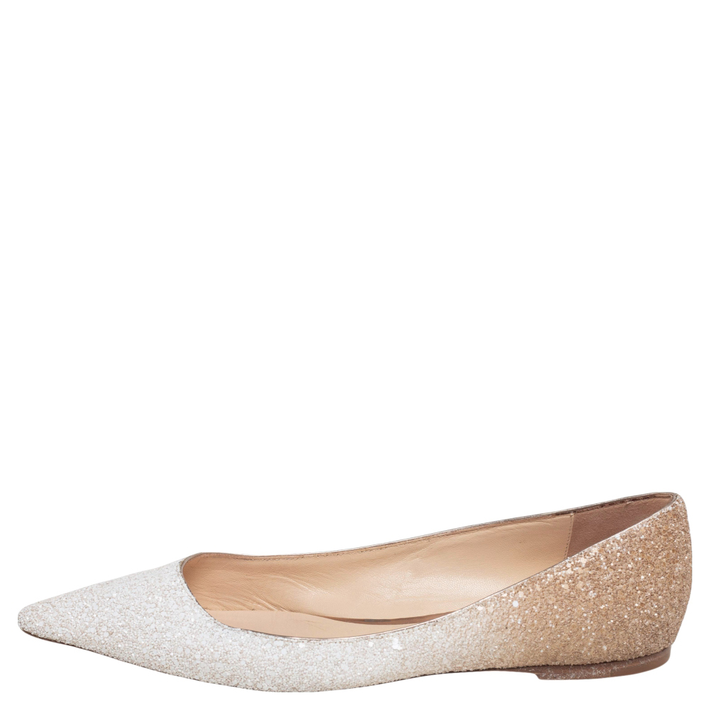 

Jimmy Choo White/Brown Ombre Glitter Romy Pointed Toe Ballet Flats Size, Multicolor
