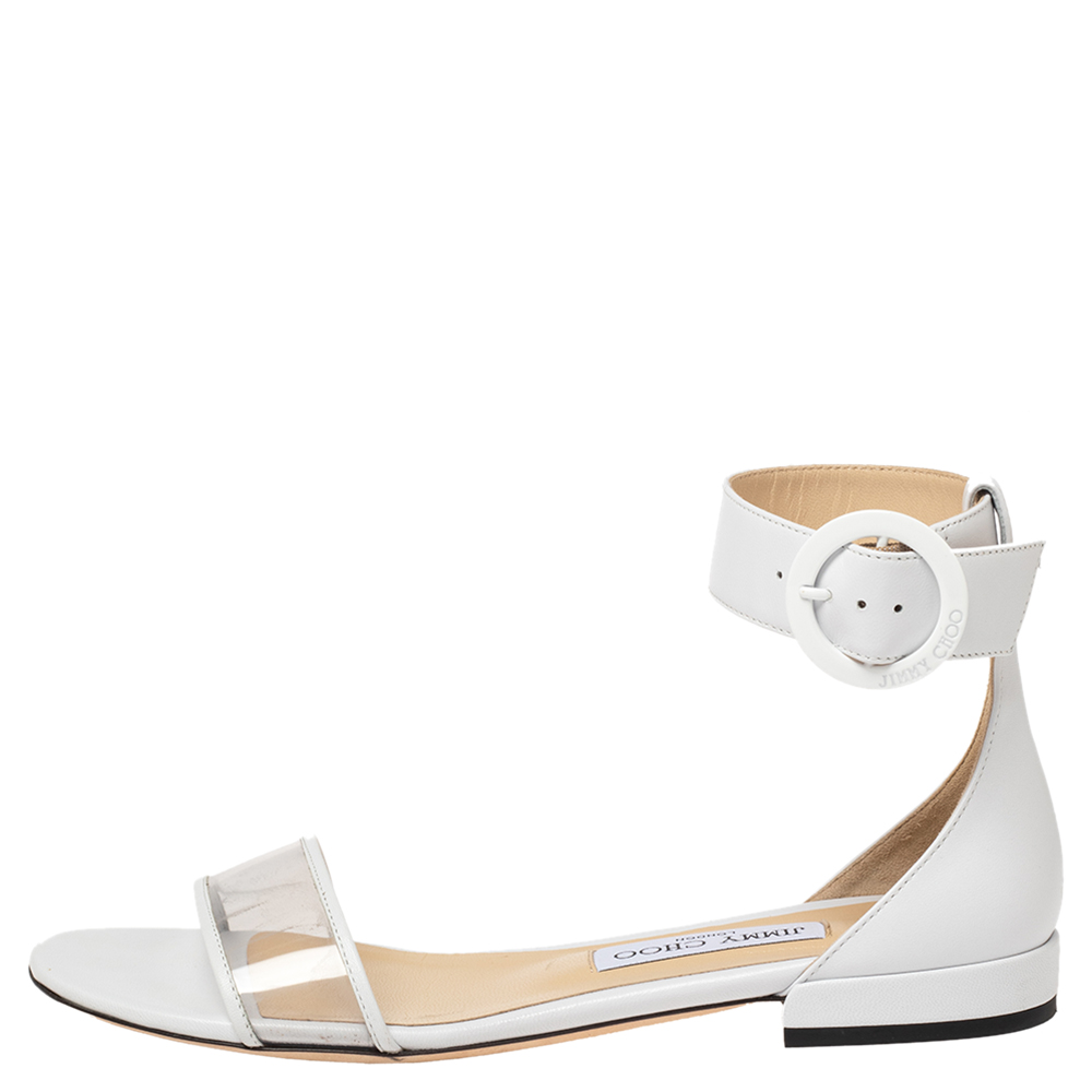

Jimmy Choo White Leather And PVC Jaimie Ankle Strap Flats Size