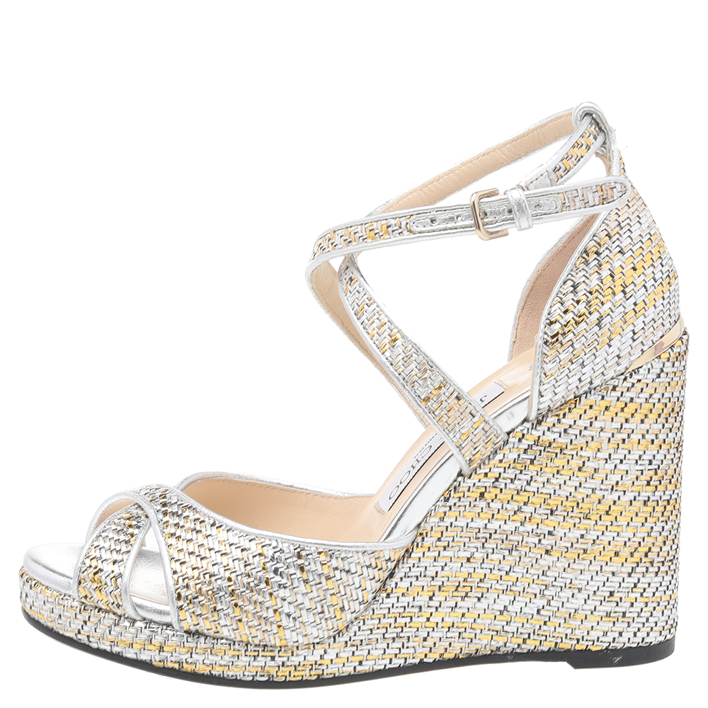

Jimmy Choo Multicolor Woven Raffia And Leather Trim Wedge Ankle Strap Sandals Size