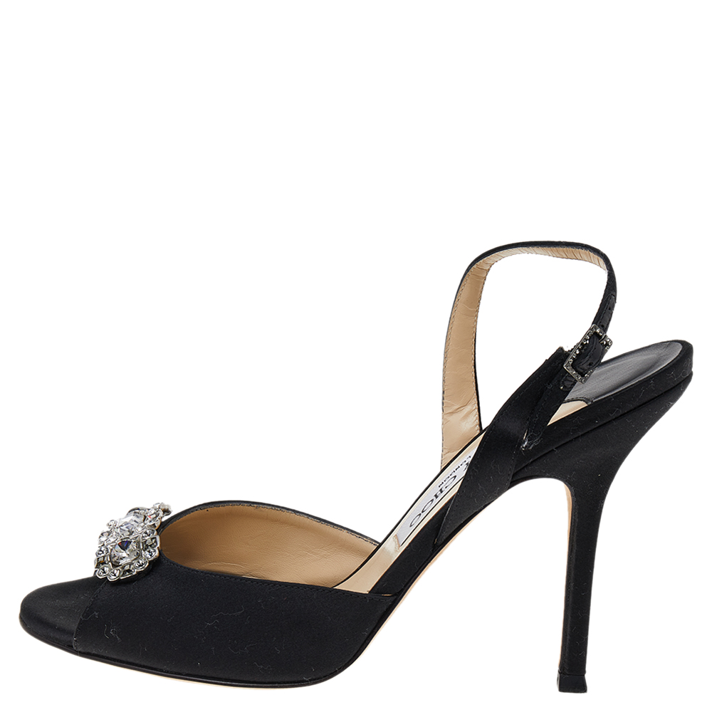 

Jimmy Choo Black Satin Crystal Embellished Ankle Strap Sandals Size