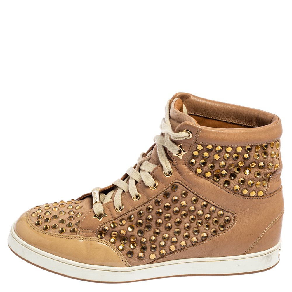 

Jimmy Choo Beige Patent Leather and Leather Crystal Studded Tokyo High Top Sneakers Size