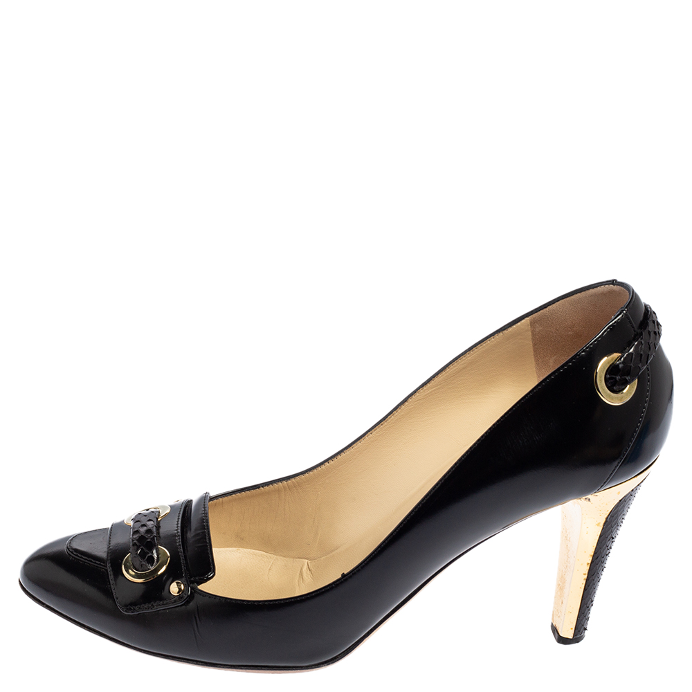 

Jimmy Choo Black Shine Leather and Snakeskin Trim Pumps Size