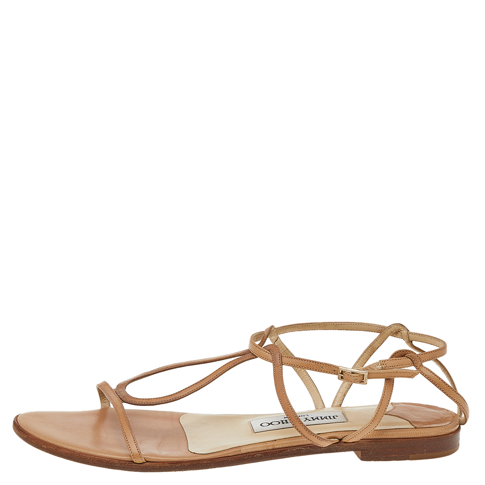 

Jimmy Choo Beige Leather T-Strap Sandals Size