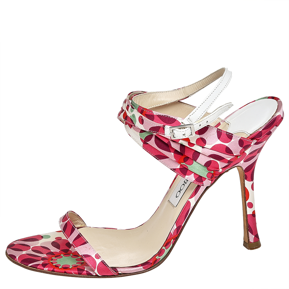 

Jimmy Choo Multicolor Floral Print Satin Ankle Strap Sandals Size