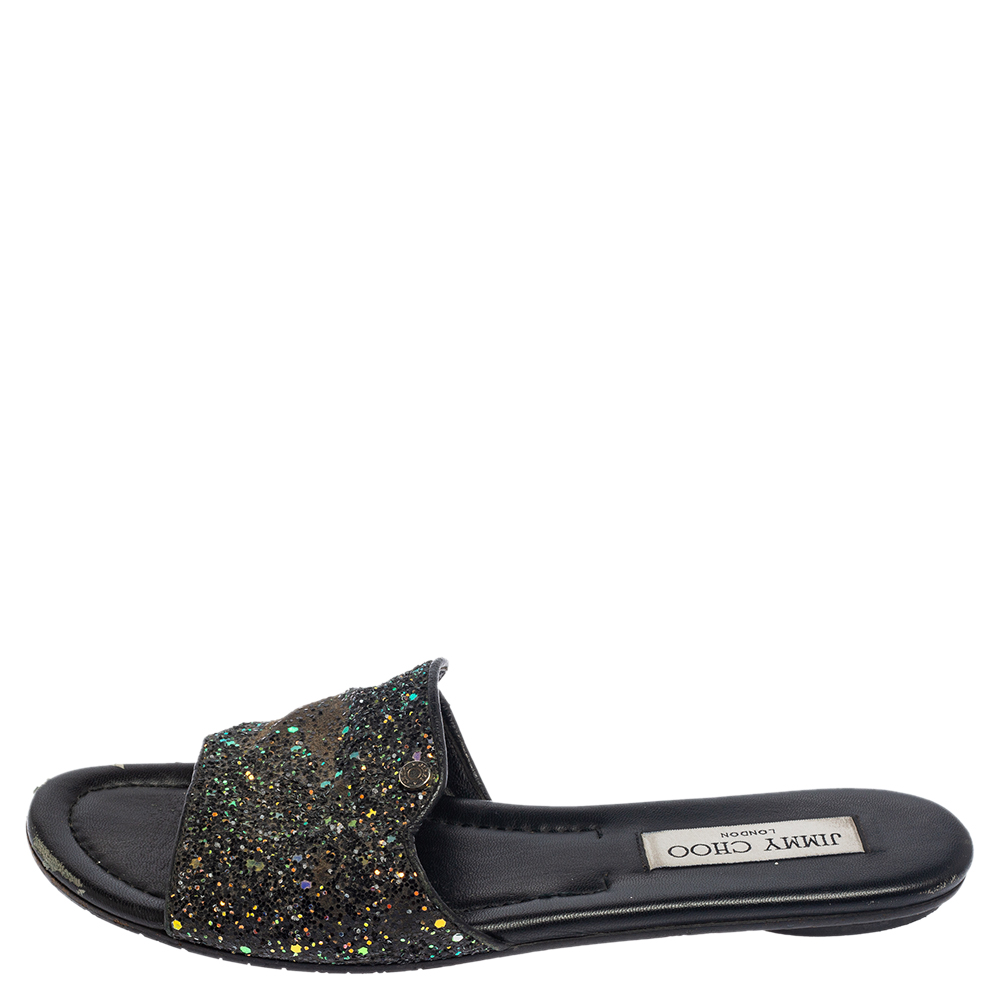 

Jimmy Choo Black Glitter And Leather Nanda Flat Sandals Size