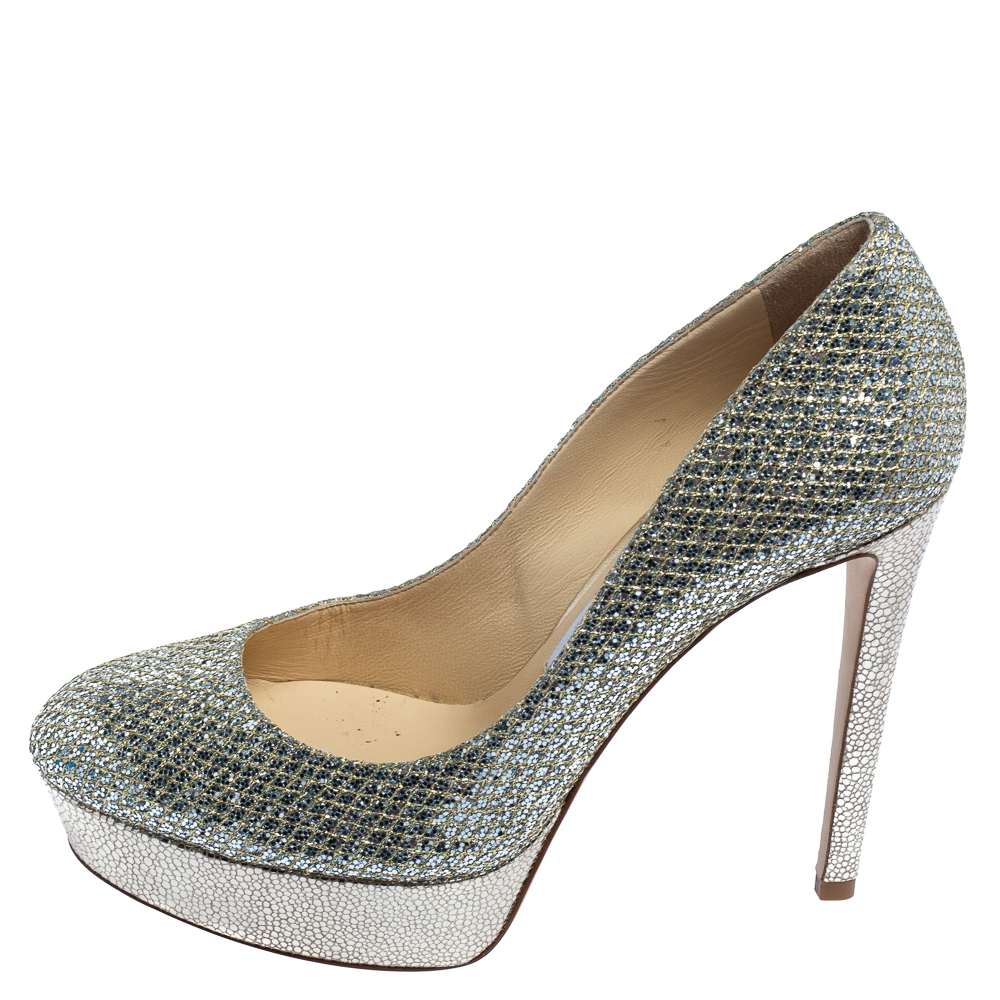 

Jimmy Choo Gold/Silver Glitter Fabric And Leather Eros Platform Pumps Size