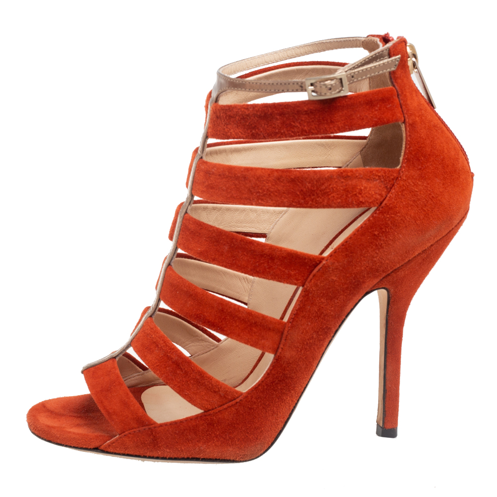 

Jimmy Choo Orange Suede And Leather Fathom Caged Sandals Size