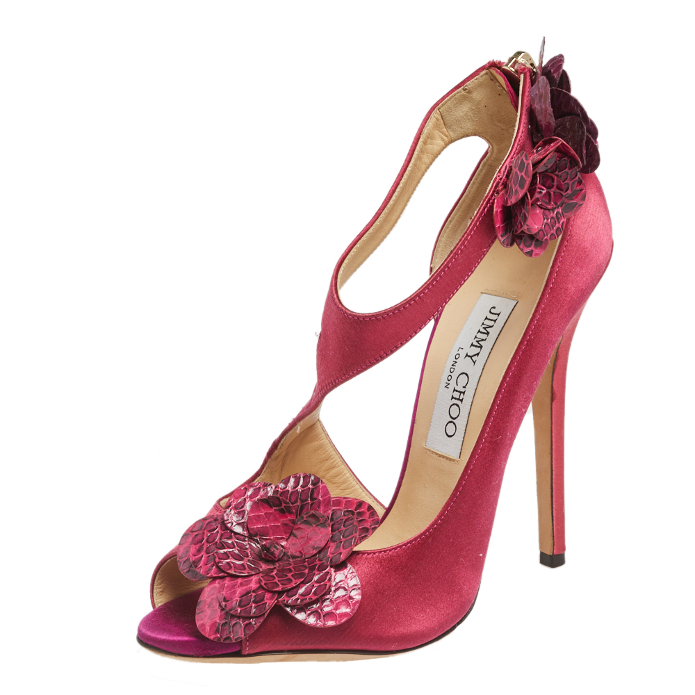 

Jimmy Choo Red Satin And Python Embossed Leather Sandals Size