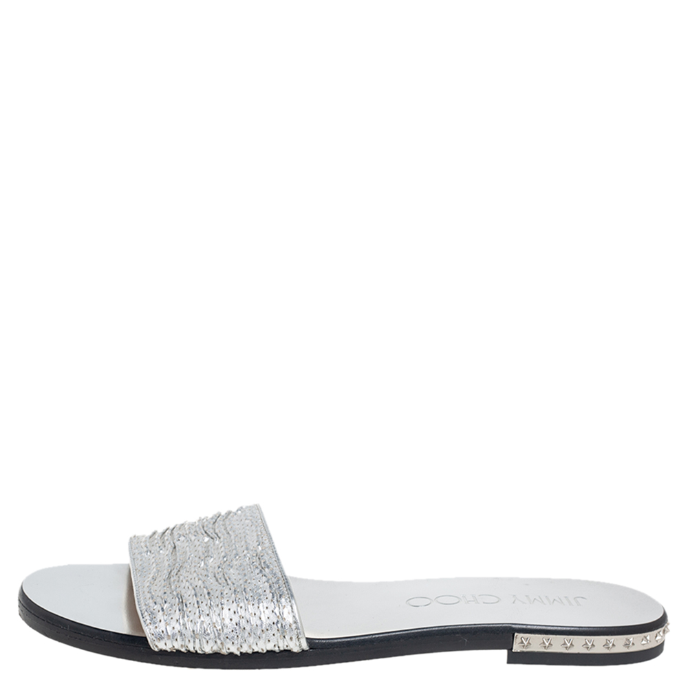 

Jimmy Choo Silver Leather Slip On Flat Sandals Size
