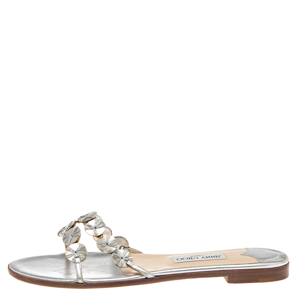 

Jimmy Choo Silver Leather Embellished Flat Slides Size