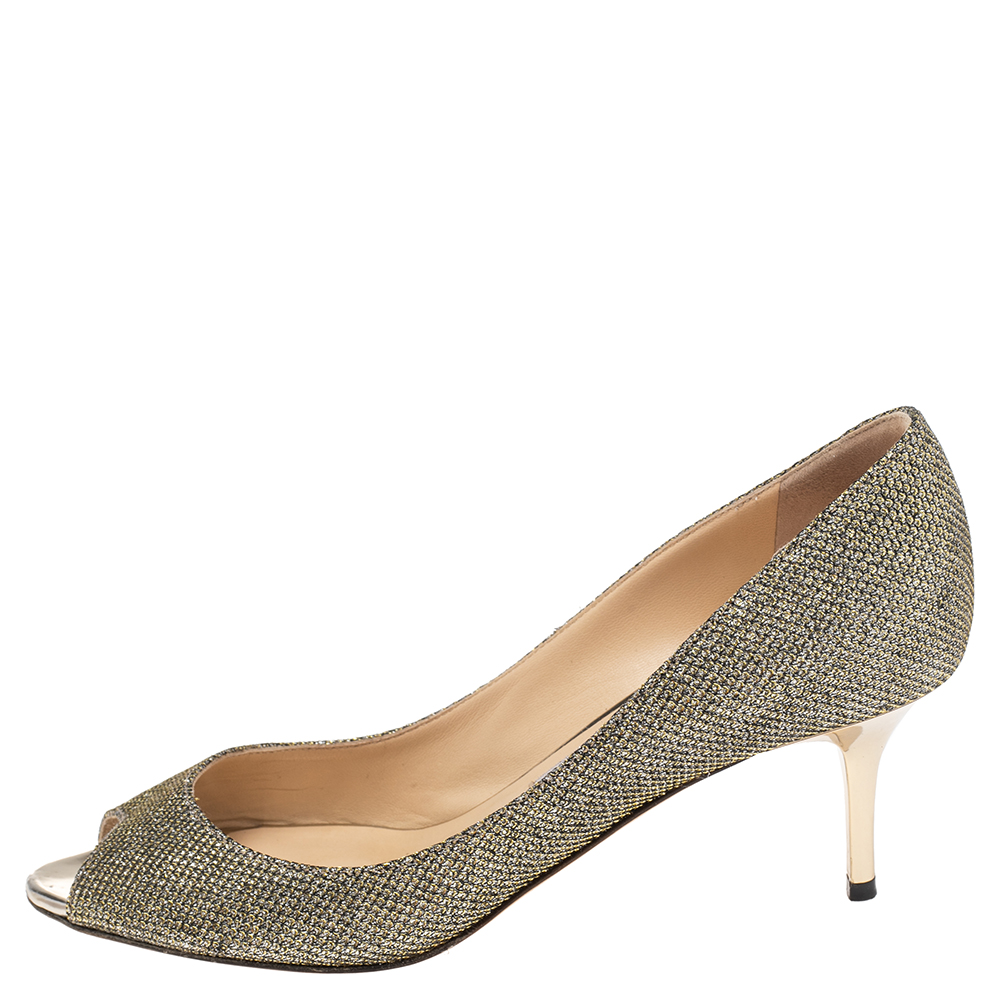 

Jimmy Choo Metallic Gold Glitter Peep Toe Pumps Size