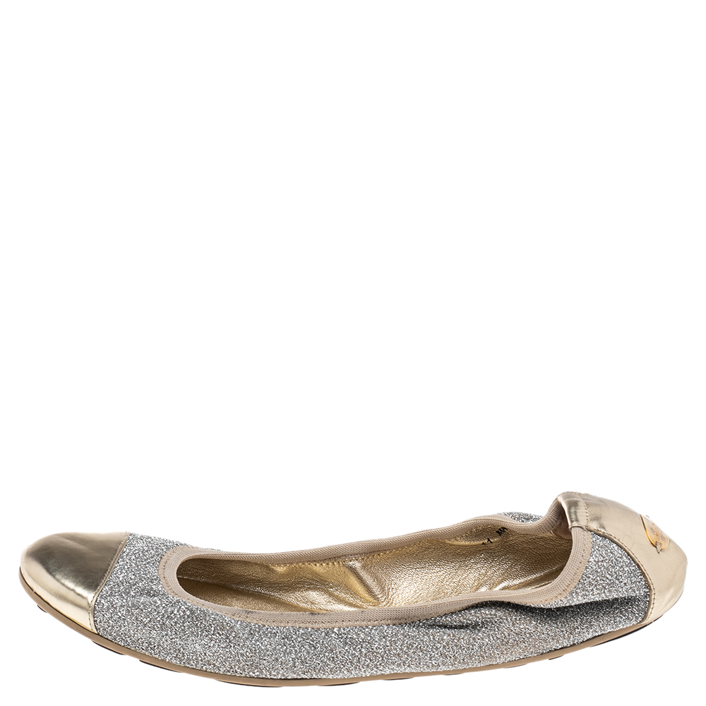 

Jimmy Choo Metallic Gold/Silver Lamé Fabric and Leather Cap Toe Winnie Scrunch Ballet Flats Size