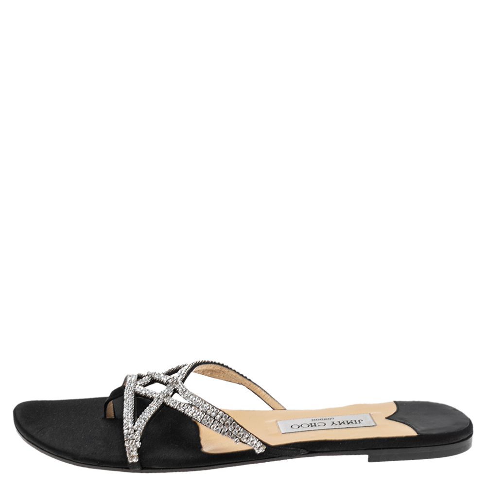 

Jimmy Choo Black Satin Crystal Embellished Flat Slides Size