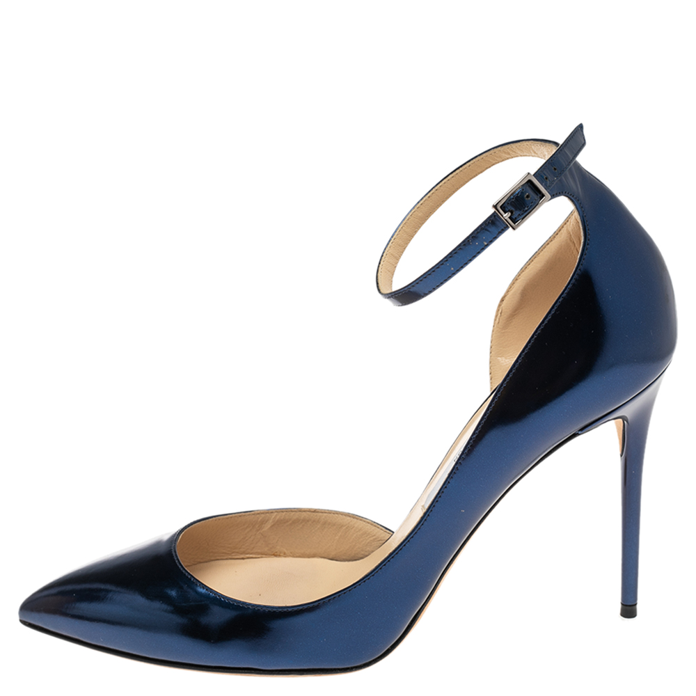 

Jimmy Choo Metallic Blue Leather Lucy D'orsay Ankle Strap Pumps Size