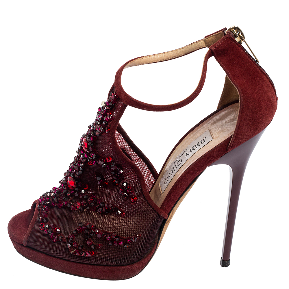 

Jimmy Choo Burgundy Mesh and Suede Embellished Ankle-Strap Sandals Size