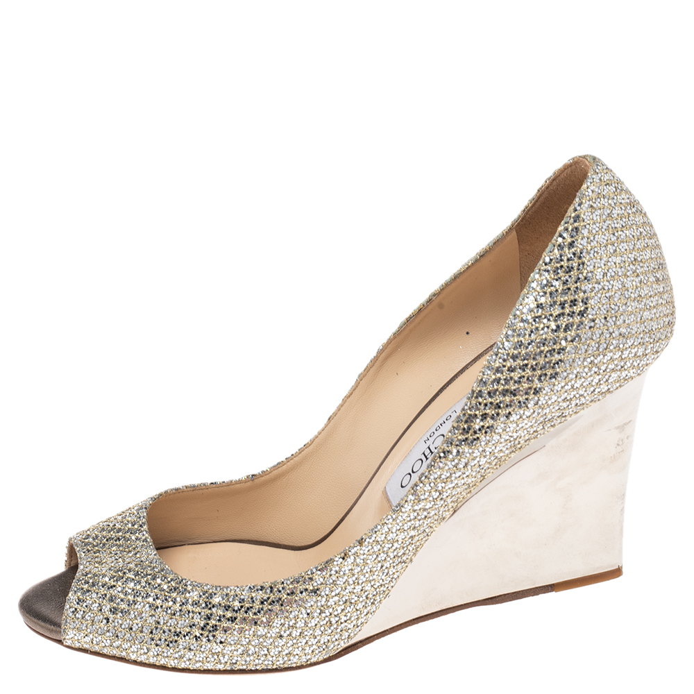 

Jimmy Choo Metallic Gold Glitter Baxen Peep Toe Wedge Pumps Size