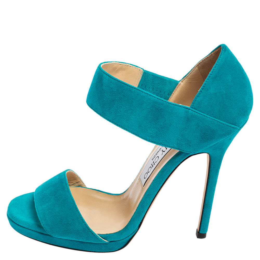 

Jimmy Choo Turquoise Suede Open Toe Ankle Strap Sandals Size, Blue
