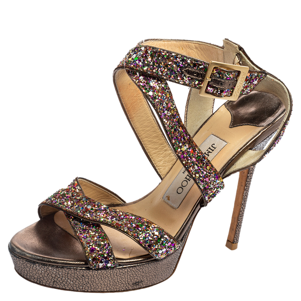 

Jimmy Choo Multicolor Coarse Glitter Leather Platform Sandals Size