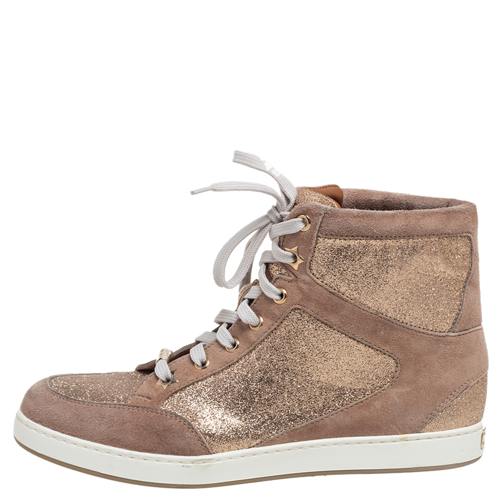 

Jimmy Choo Rose Gold Suede And Glitter Tokyo High Top Sneakers Size