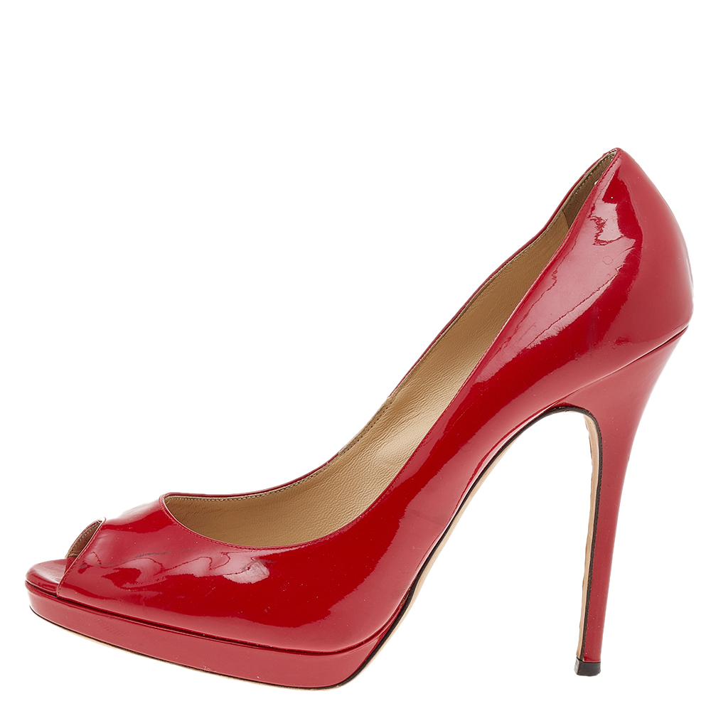 

Jimmy Choo Red Patent Leather Peep Toe Platform Pumps Size