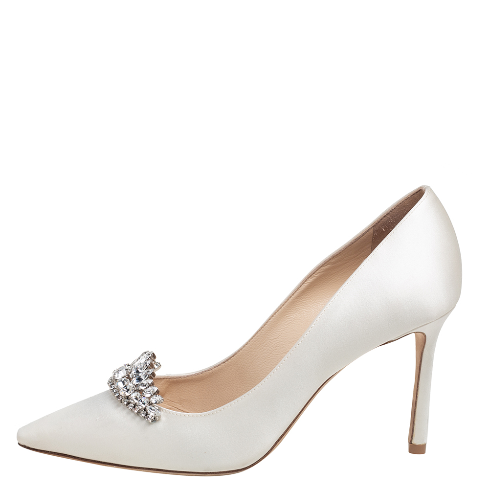

Jimmy Choo Off White Satin Crystal Embellished Romy Pointed Toe Pumps Size