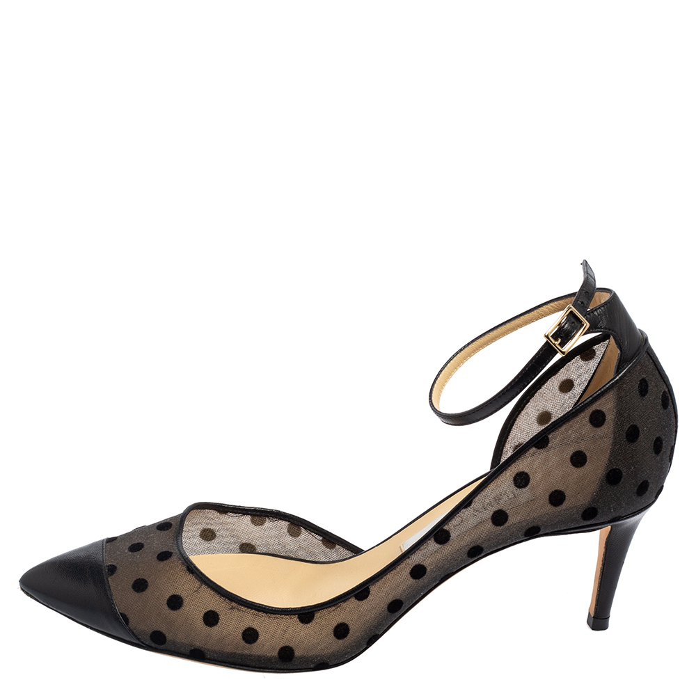 

Jimmy Choo Black Leather and Mesh Lucy Polka Dots D'orsay Pumps Size