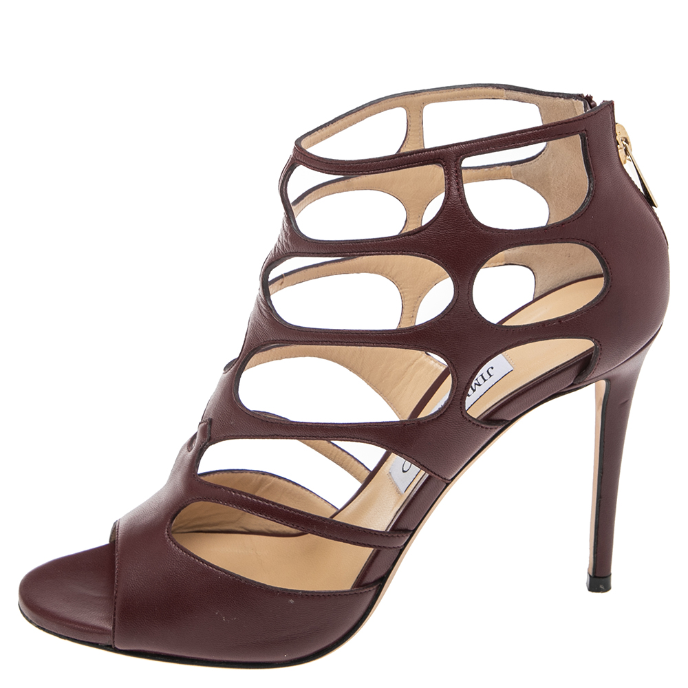 

Jimmy Choo Burgundy Leather Ren Cut Out Peep Toe Sandals Size