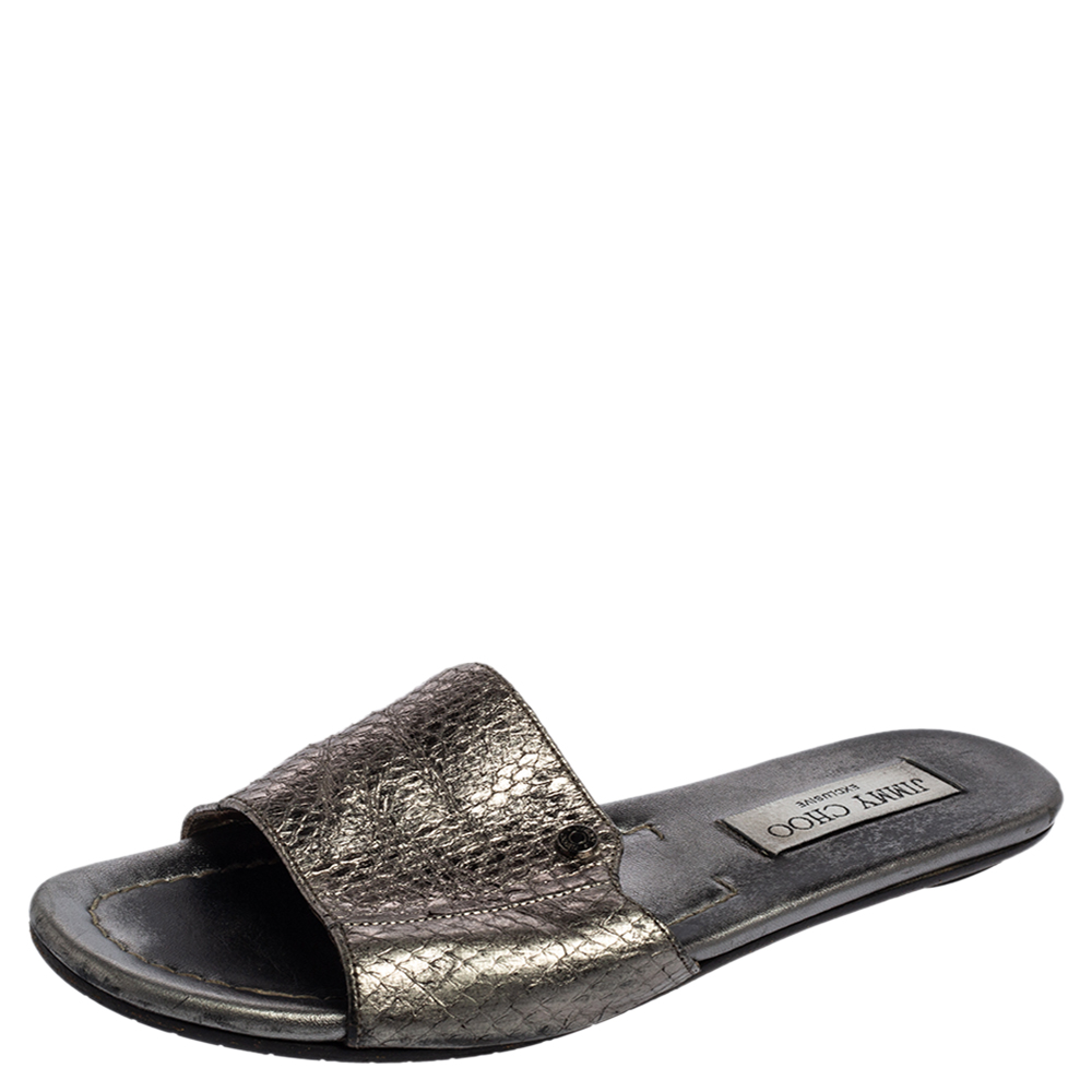 

Jimmy Choo Grey Snakeskin Leather Nanda Flat Slide Sandals Size