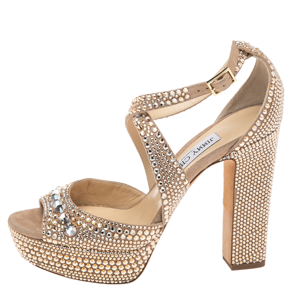 

Jimmy Choo Gold-Tone Suede Crystal Embellished Crisscross Platform Sandals Size