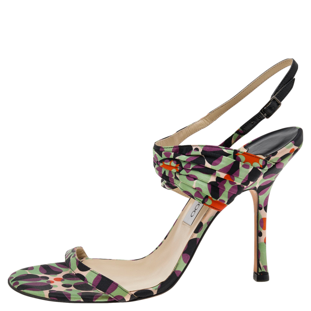 

Jimmy Choo Multicolor Printed Satin Charis Ankle Strap Sandals Size